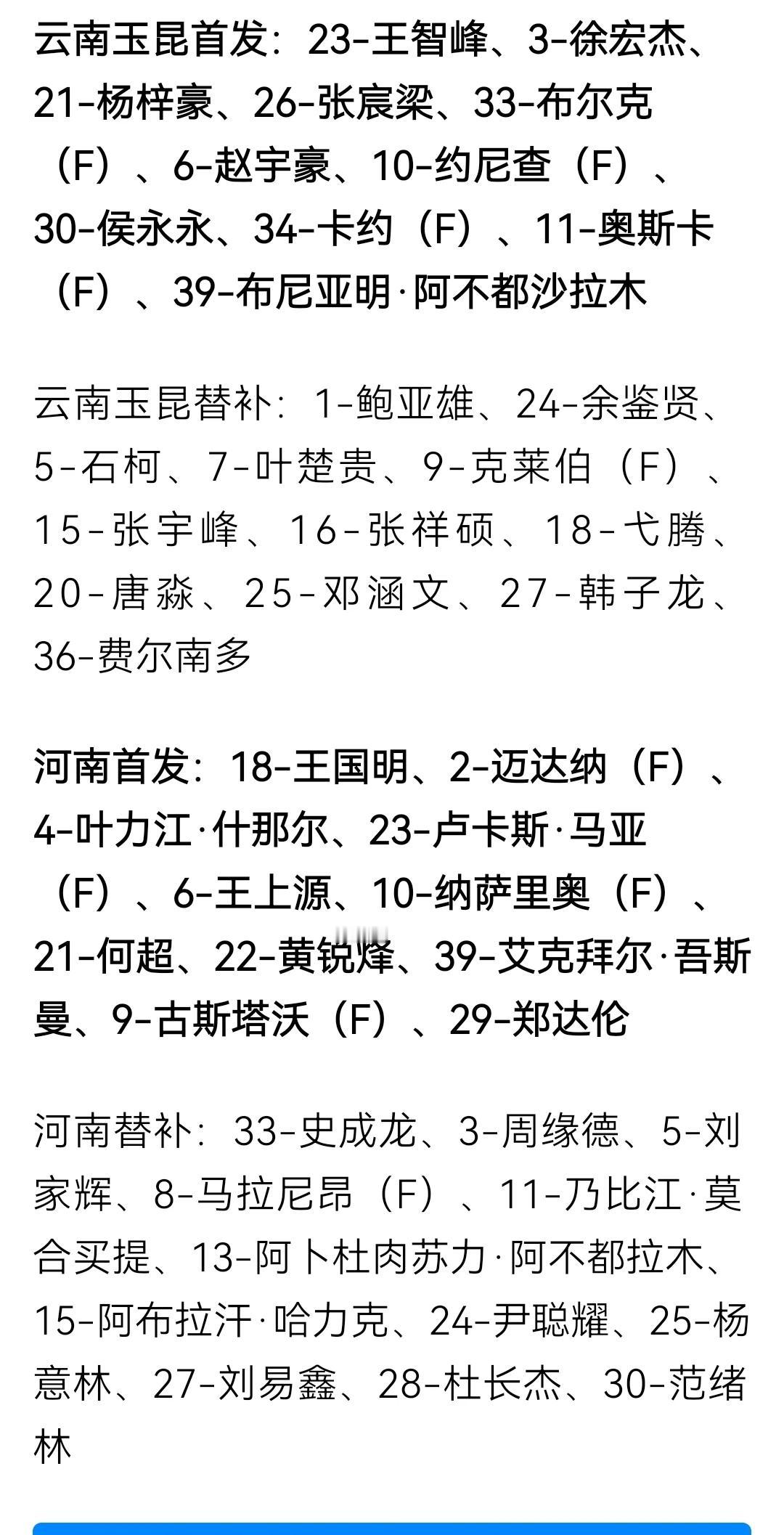 中超第17轮，云南玉昆vs河南首发替补名单
云南4外援首发，对阵河南4外援首发。