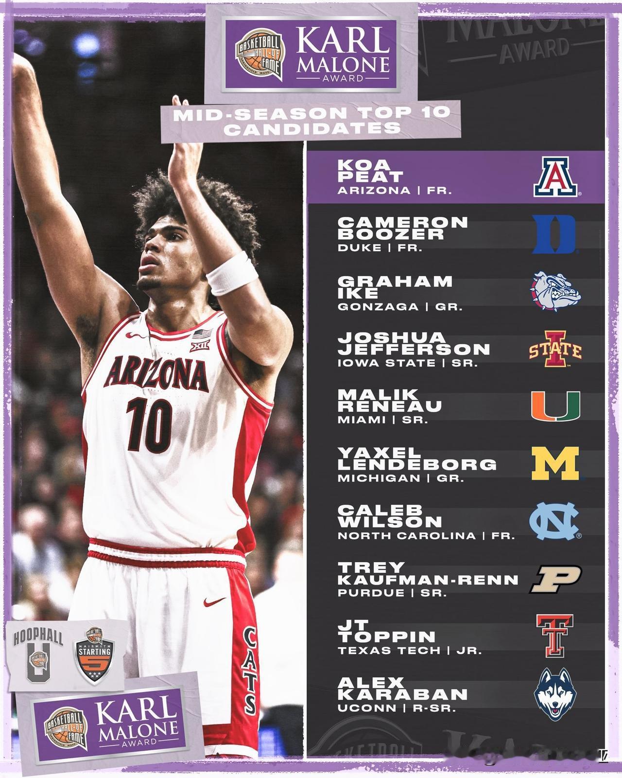 卡尔-马龙奖=年度最佳大前锋季中10人候选名单，三位新生入选，2026年nba选