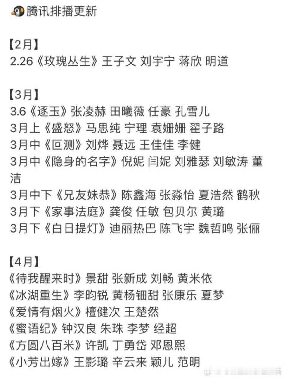 三大平台三四月排播，看哪部？我看主要热闹就是张凌赫田曦薇《逐玉》，迪丽热巴陈飞宇