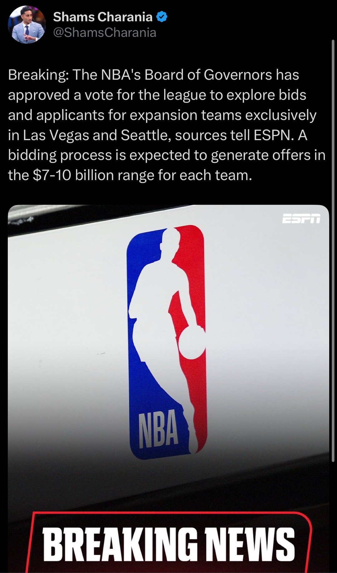 Shams：NBA董事会已表决通过扩军。联盟将仅针对拉斯维加斯和西雅图两地，启动