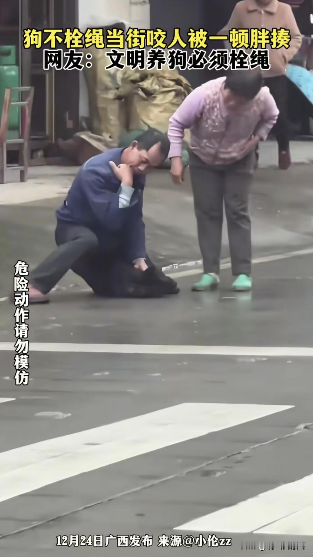 近日广西一妇女养的狗未栓绳，当街咬伤一名男子，该男子一气之下将狗暴揍一顿狗，又将