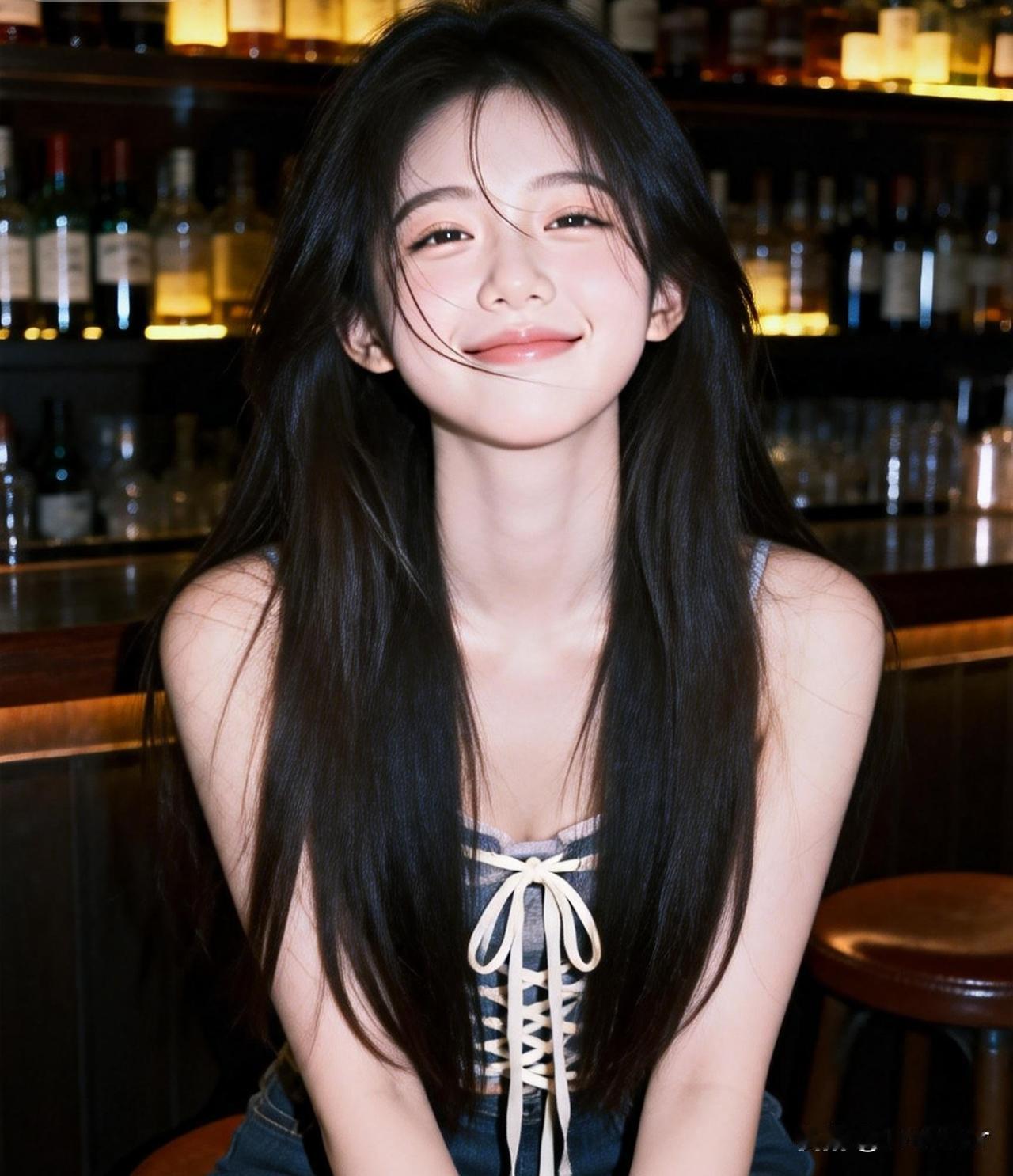 一位长发女孩在酒吧里微笑。