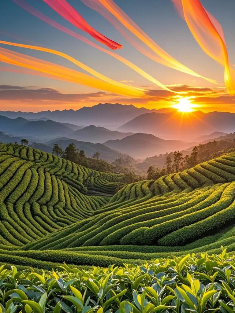 茶园夕阳下天空彩绸飘洒。茶垄金波泛动，清香幽绕，是泸县独有的晚霞。秋日美景诗分享