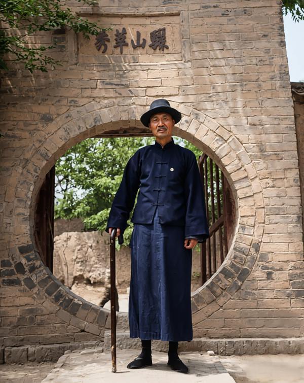 1947年，陕西临潼县骊山，月洞门上方的砖刻匾额从右至左写着“縣山華”，一位议会
