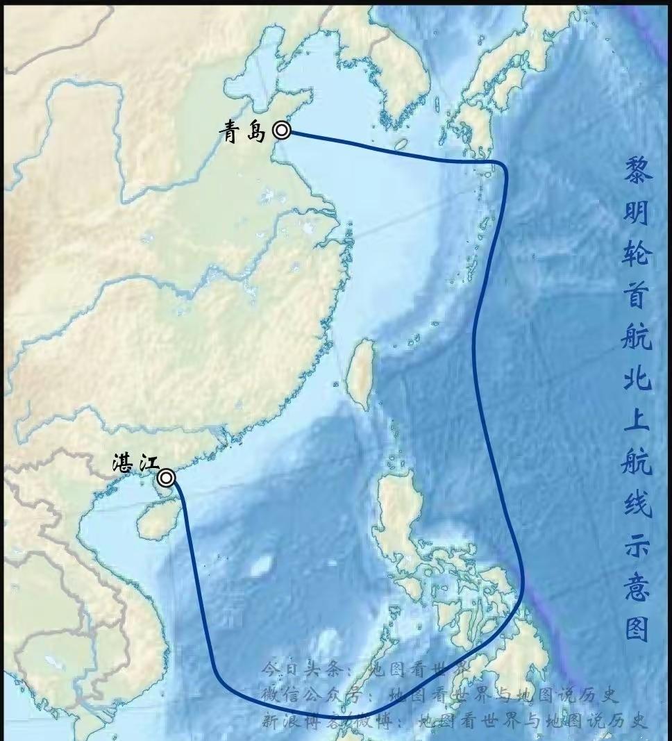 看到这张图了吗？这是1968年广州远洋运输公司的黎明轮从广东湛江至青岛的航行路线