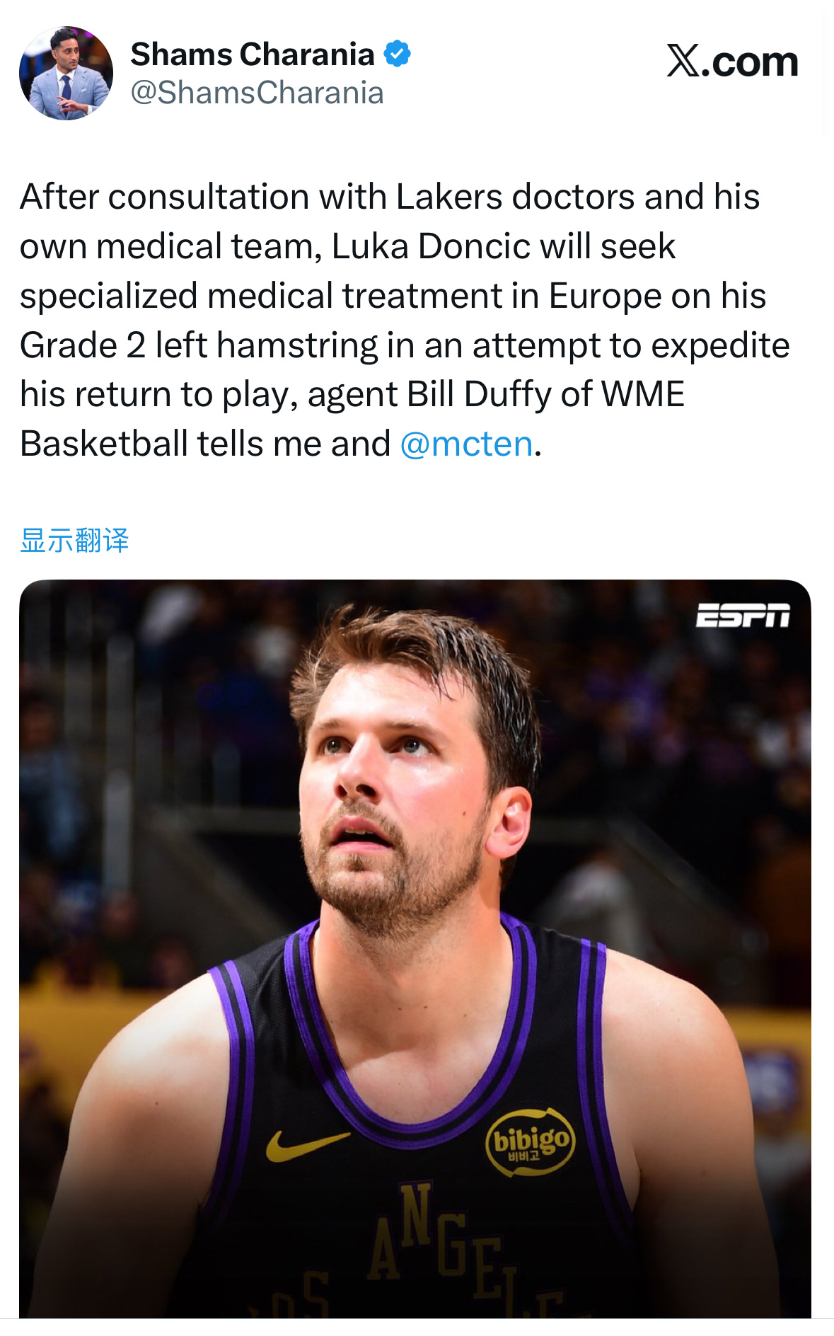 Shams：东契奇在与湖人队医和他自己的医疗团队协商后，将前往欧洲接受针对他左腿