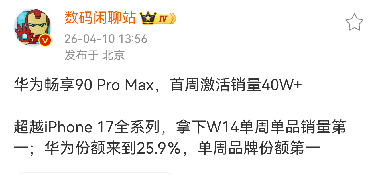 华为畅享90Pro Max单型号，首周激活量40w+，这么猛！！ 