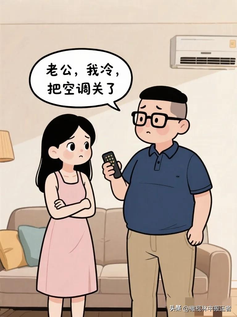 搞笑漫画：老婆：老公，我冷，把空调关了。老公：才26度你就冷？老婆：你摸摸我的手