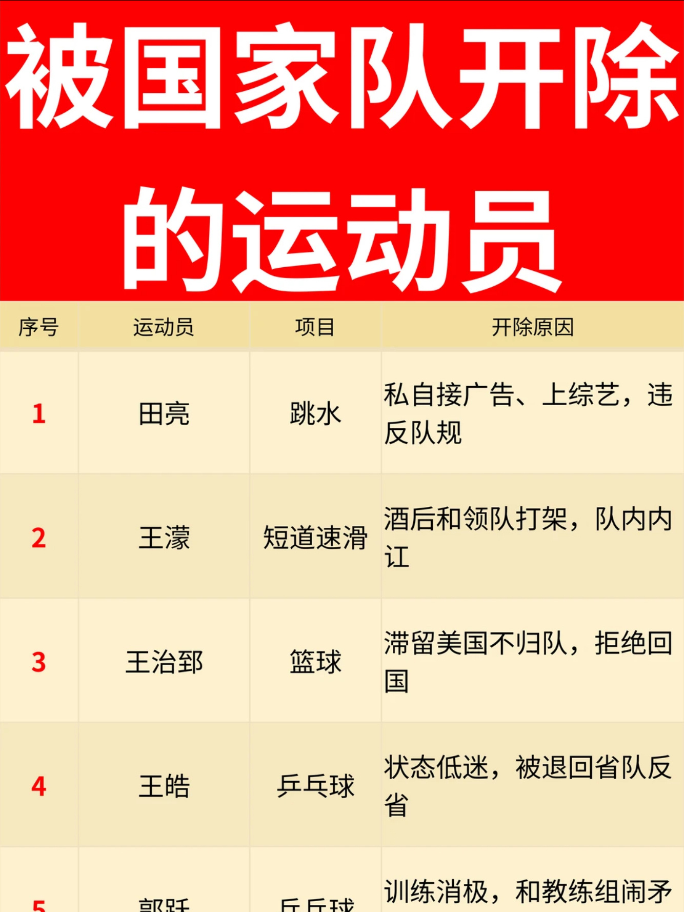 被国家队开除的运动员田亮：被国家队开除过；王濛：被国家队开除过；王皓：被国家队开