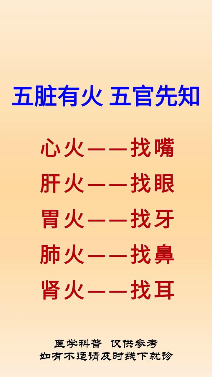 五脏有火，五官先知。
·心火--找嘴。表现：嘴巴长疱疹、口腔溃疡、嗓子干痒、口渴