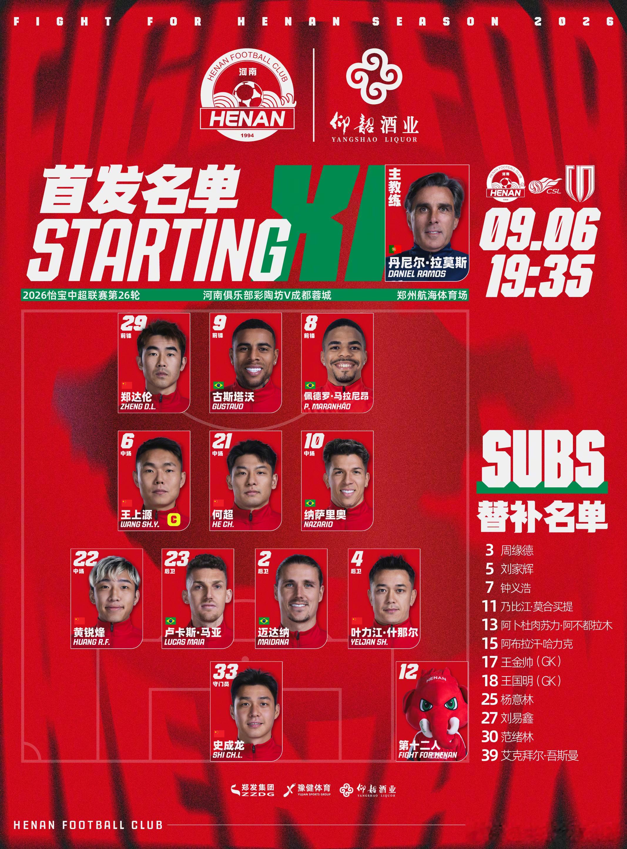 2026怡宝中超联赛第26轮河南俱乐部彩陶坊VS成都蓉城首发及替补队员名单📺A