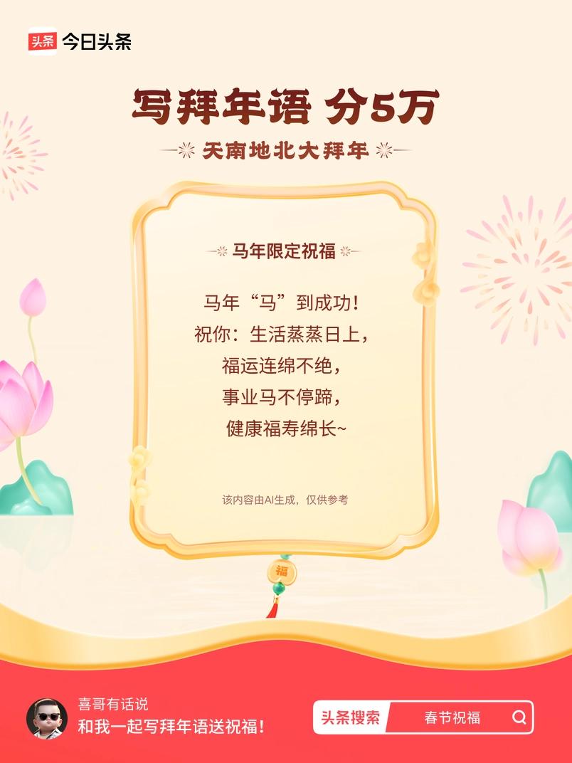 写拜年语送祝福新春拜年送祝福！我的祝福是：“马年“马”到成功！祝你：生活蒸蒸日上