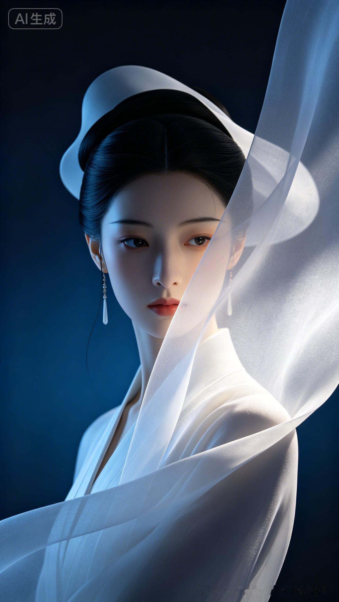 现代抽象风格特写，深邃纯蓝背景，黛玉气韵女子身披清初解构白纱，于暗影中凝神回望，