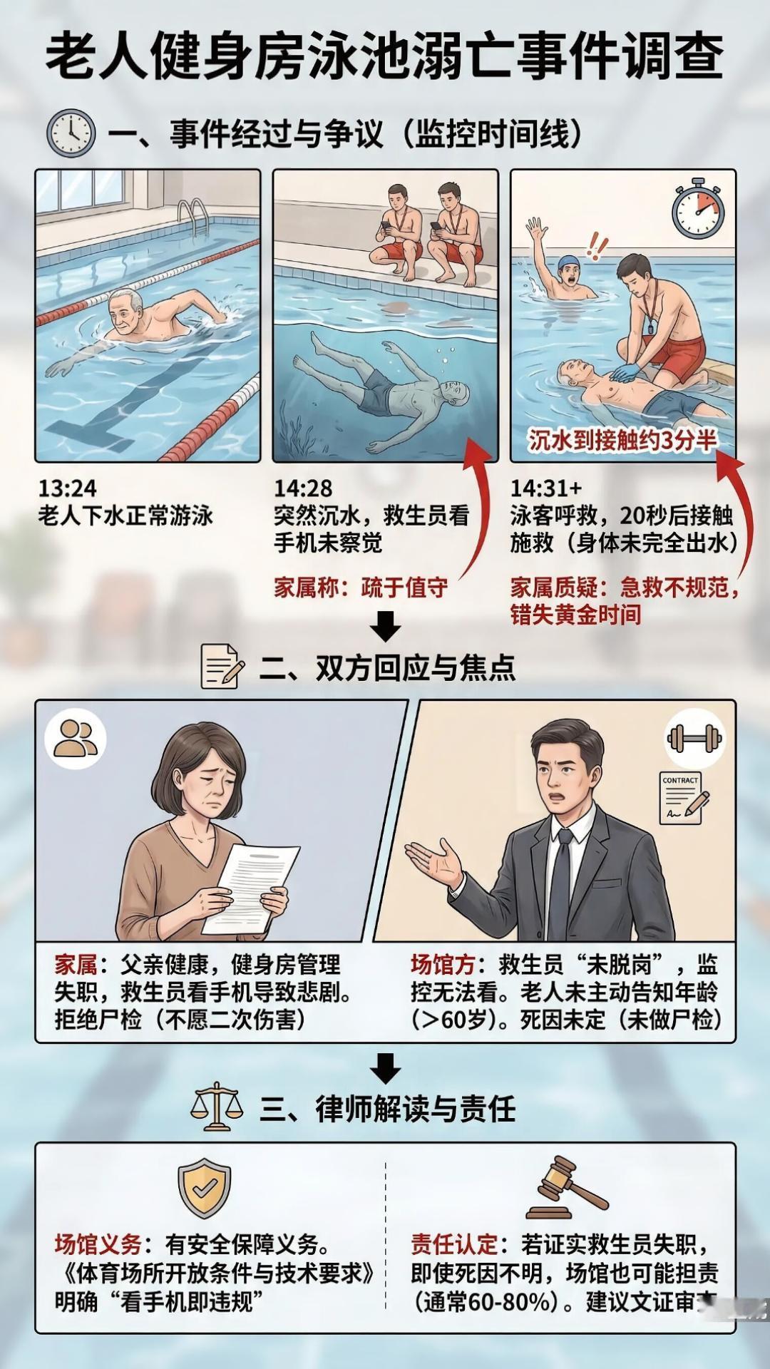 成都67岁老人泳池溺亡
家属质疑救生员脱岗看手机
涉事公司回应：救生员“没有脱岗