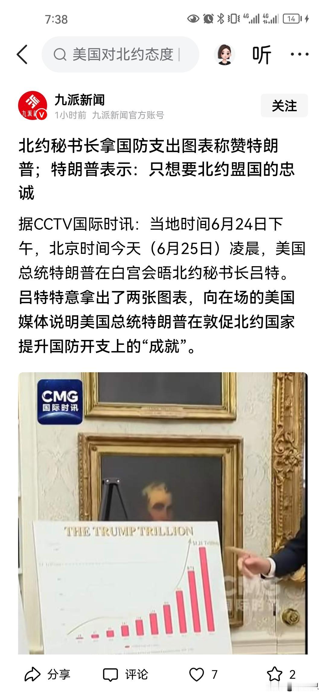 特朗普在白宫迎接了他的干儿子，北约秘书长吕特。众所周知，吕特是个马屁精，经常拍特