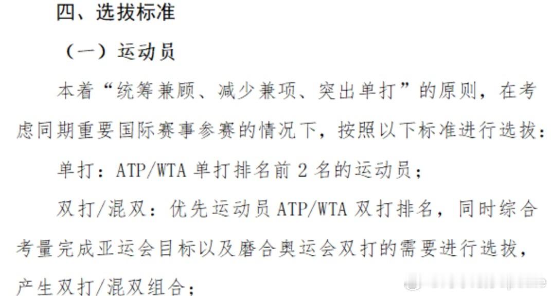 中国网协公布2026亚运会选拔规则本着“统筹兼顾、减少兼项、突出单打”的原则，在
