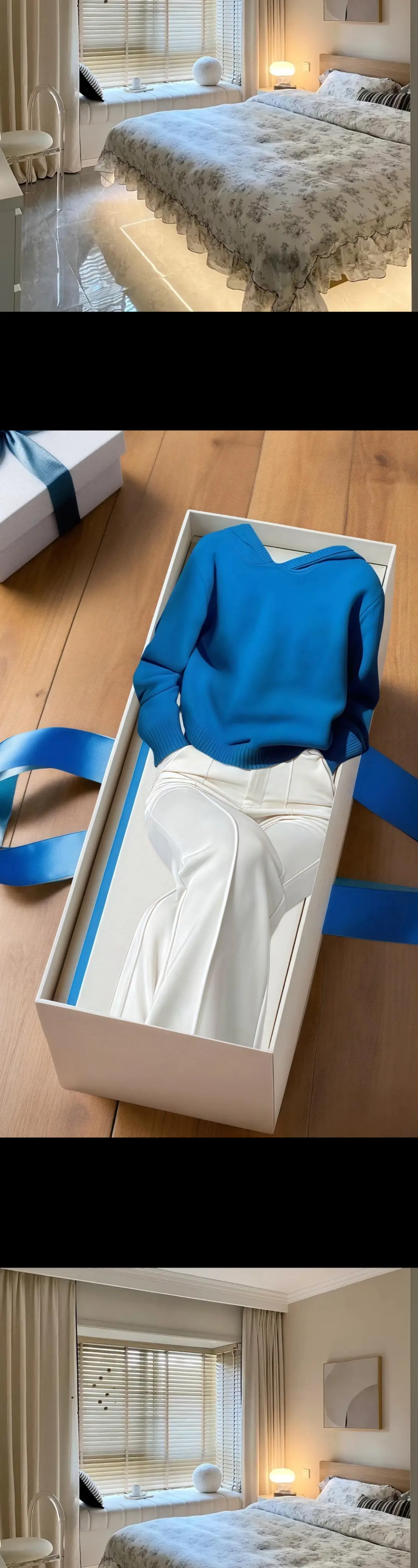 秋冬温柔风克莱因蓝针织上衣与休闲裤两件套  克莱因蓝的连帽针织上衣，宛...