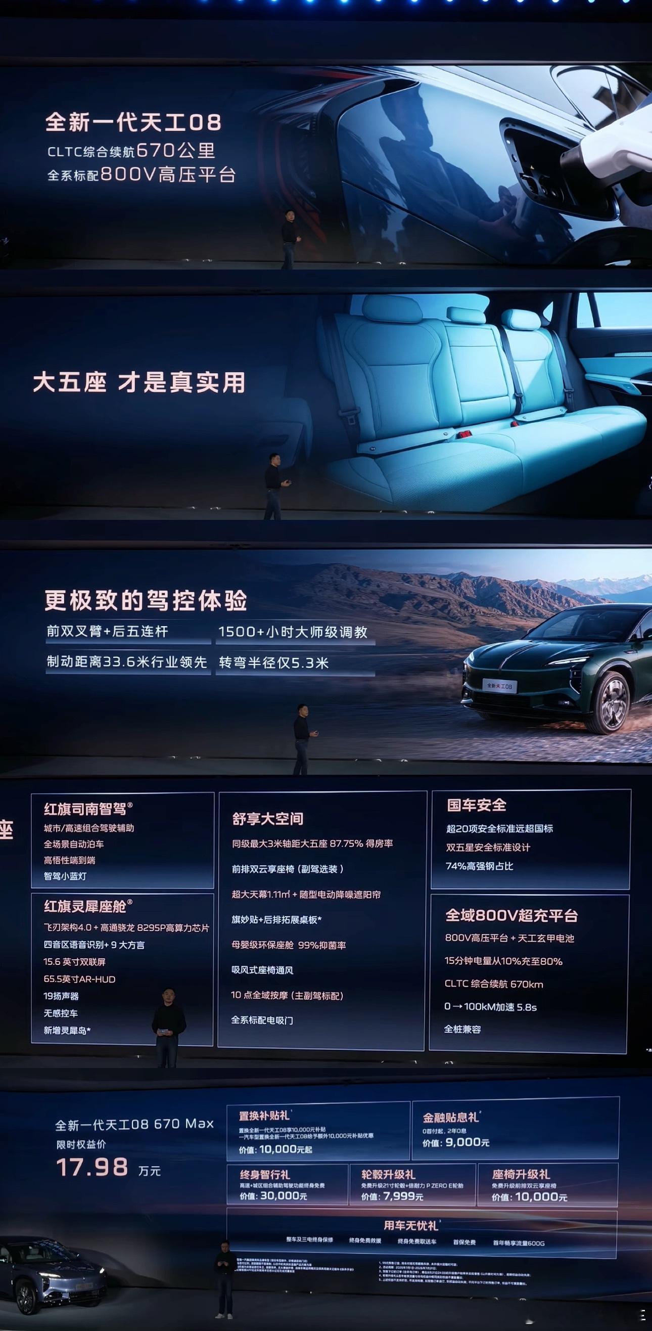 红旗全新一代天工08预售17.98万元，给到了800V平台、85度电池、670公
