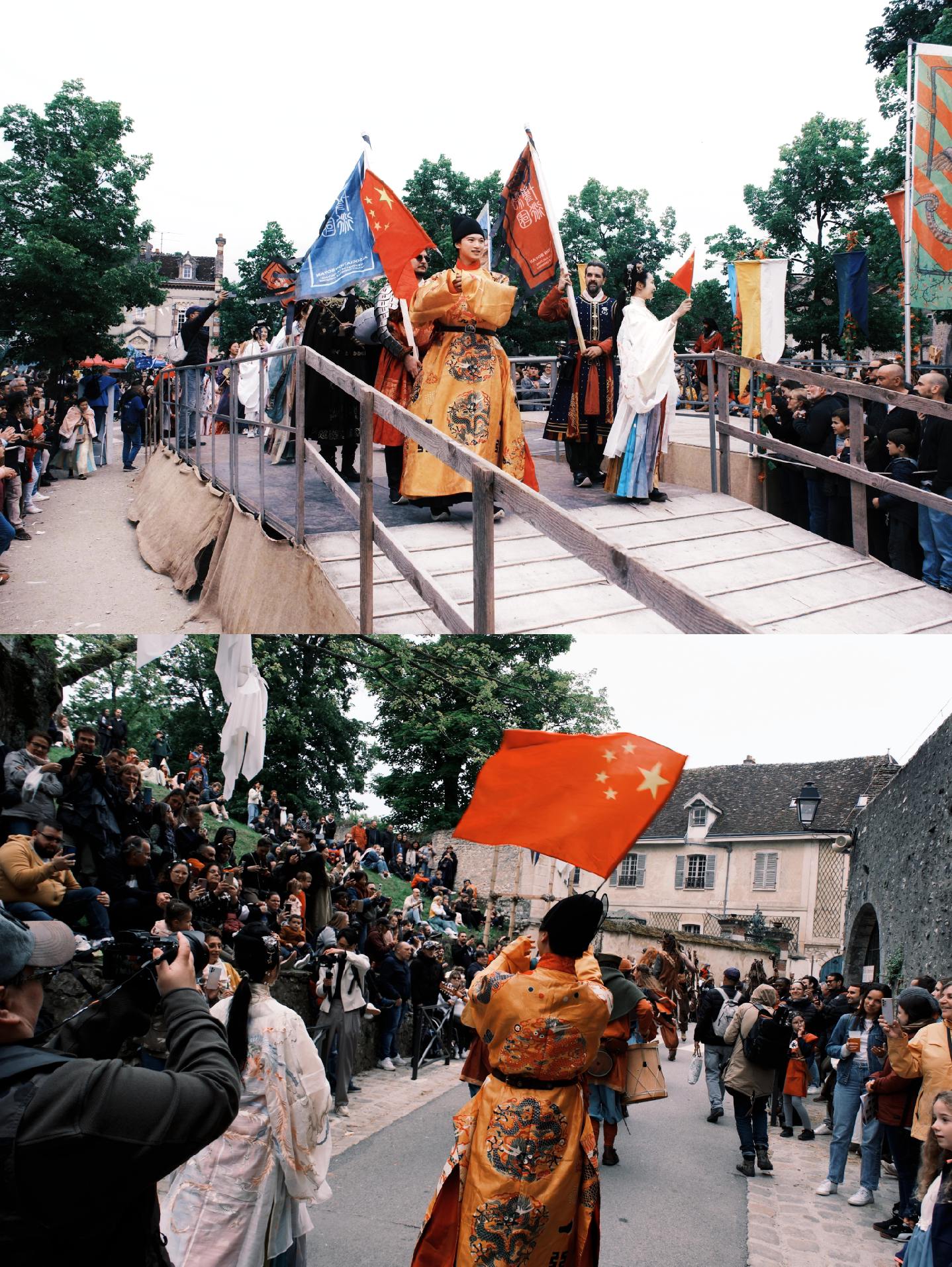 日月照山河冠服续文，五星升东方浩气昌德。法国中世纪节-中国汉服代表队出发！
世界文化遗产 【普罗万城 】中世纪节大庆游行
举起中国国旗，和 大家一起，同灿烂而有趣的全世界文化遗产一起前进！先来一波各位摄影老师拍的一些图汉服汉洋折衷