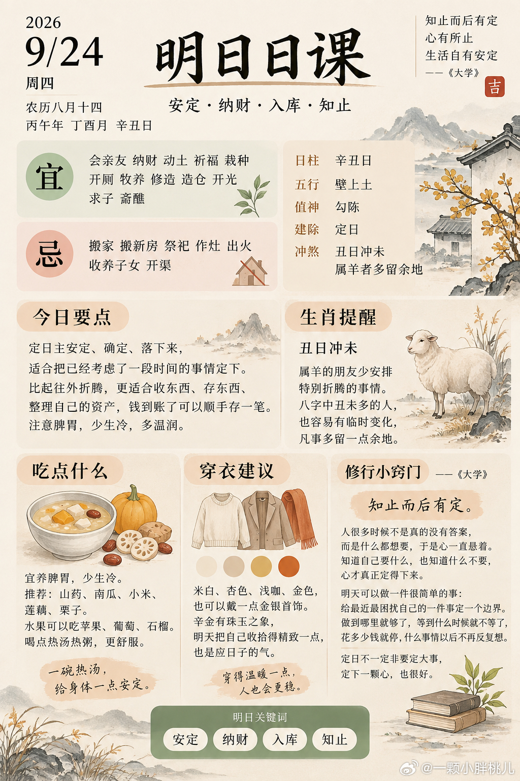 明日日课｜9月24日·辛丑日明天辛丑，壁上土，定日。定日的气比较稳，有安定、确定