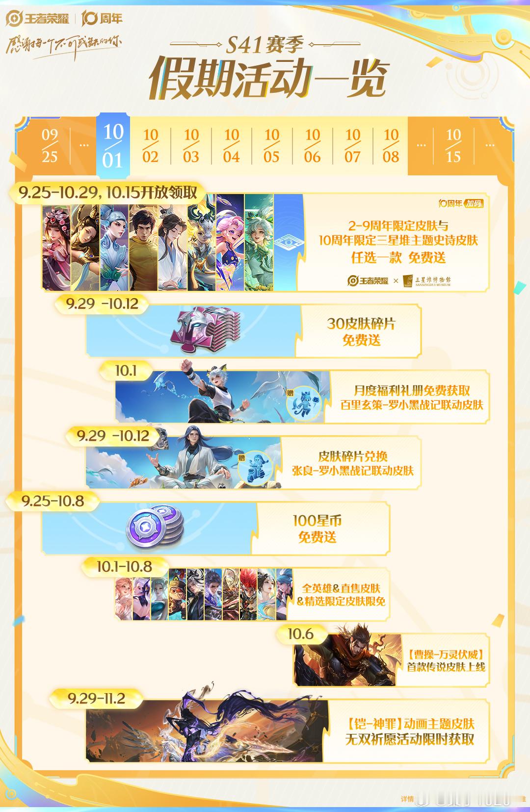 王者峡谷假期活动指南王者周年皮肤9选1- 核心福利：9月25日-10月29日参与