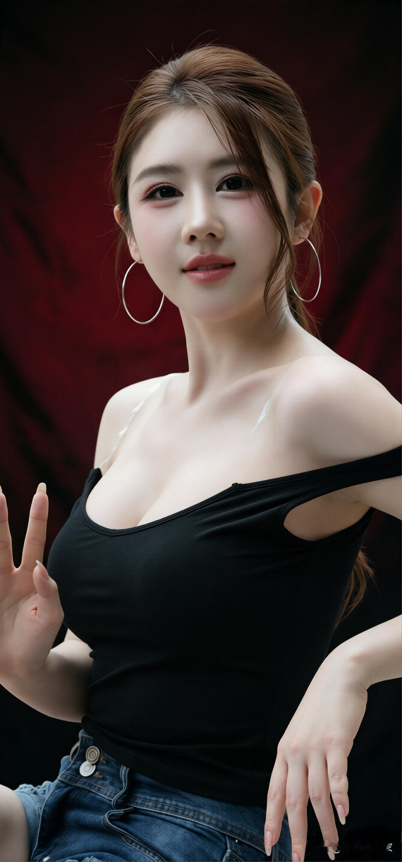 马尾辫美女(八)

棕调秀发利落束起，细碎发丝轻贴脸颊，银色大圈耳环随性亮眼。黑