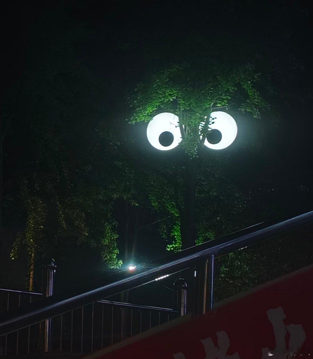 发现一枚可爱的路灯，路灯的两个大眼睛是会转动的，在树丛中，真的很像个精灵。轻松一