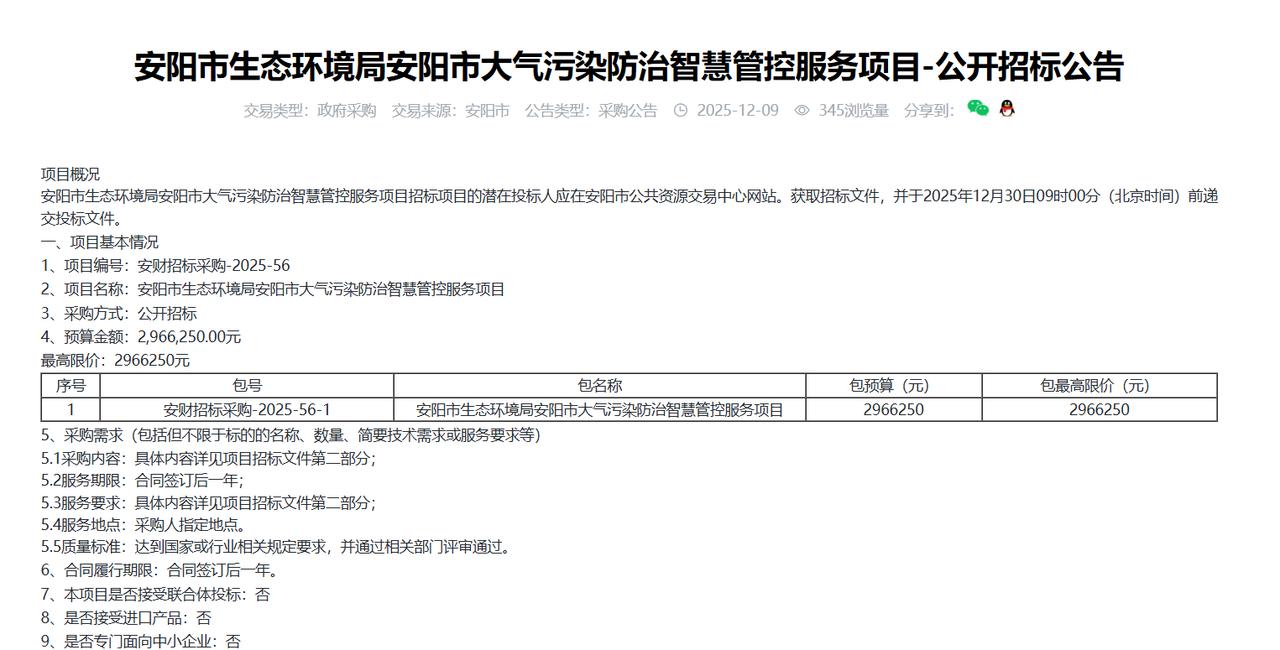 安阳市大气污染防治智慧管控服务项目-公开招标公告，预算296.6万元