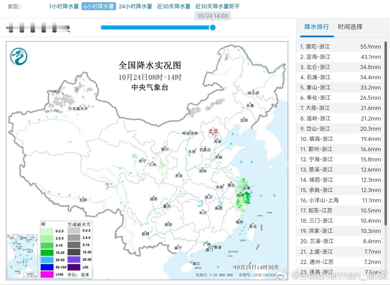 【降水】今天08-14时，新疆北部继续出现降雪。浙江一带因为台风蔷琵+冷空气影响
