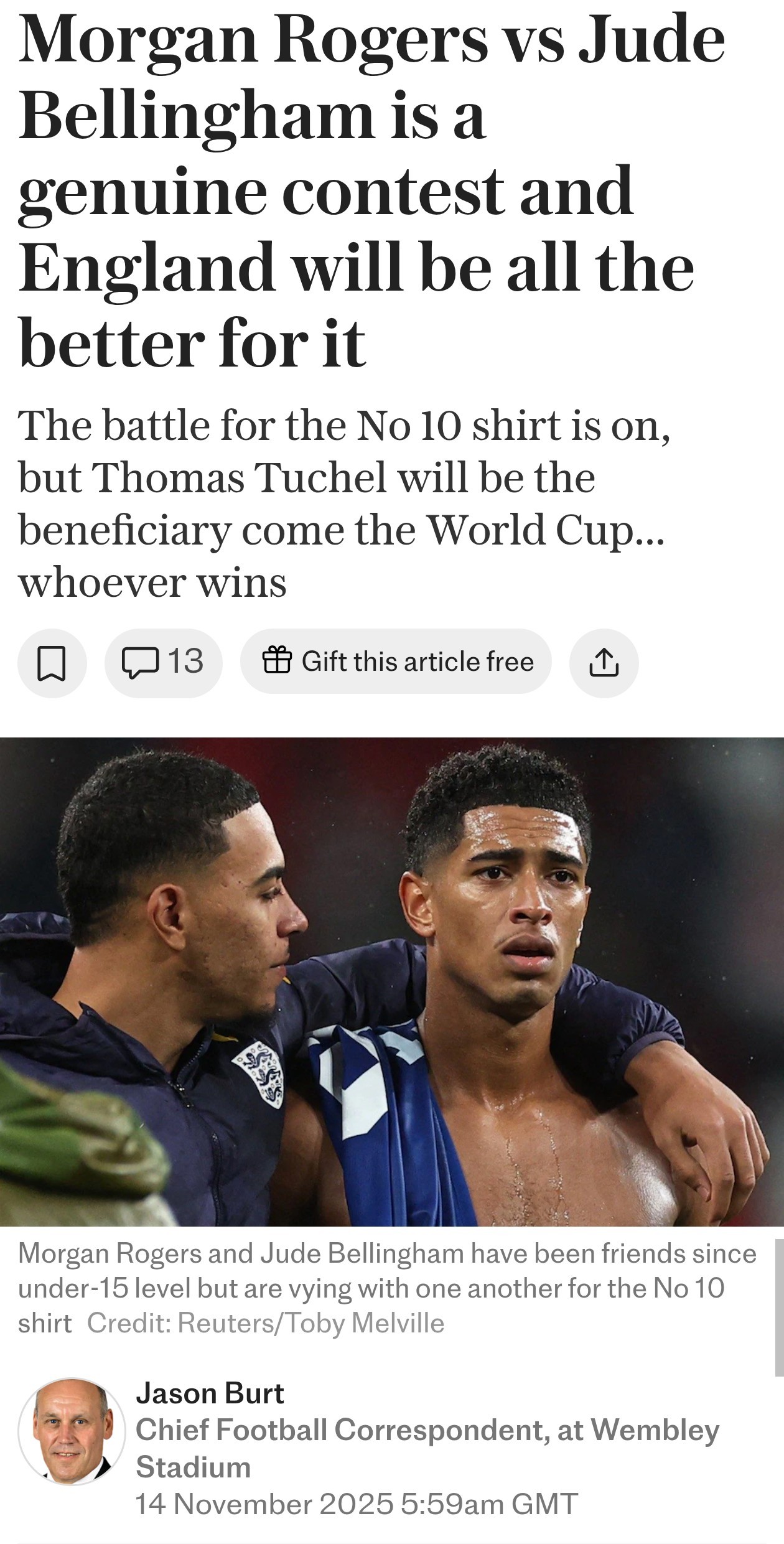 电讯报：摩根·罗杰斯与裘德·贝林厄姆之间的竞争是真正的较量，而英格兰队也会因此变