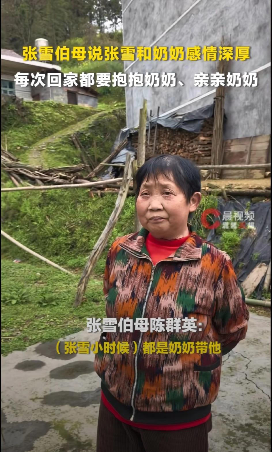张雪的伯母说张雪小时候是奶奶带大的，跟奶奶感情很好。张雪初中毕业后辍学出门打工。