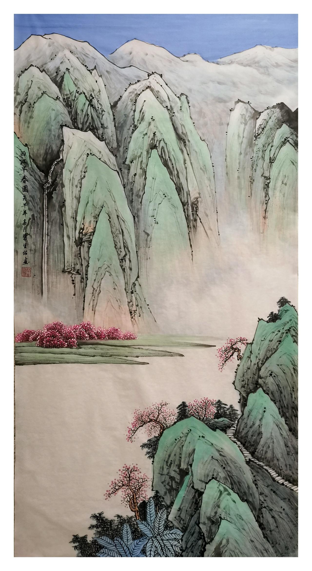 中国山水画原创作品欣赏：
纸本生宣：尺寸四尺（138x68）
《西江早春图》丙午