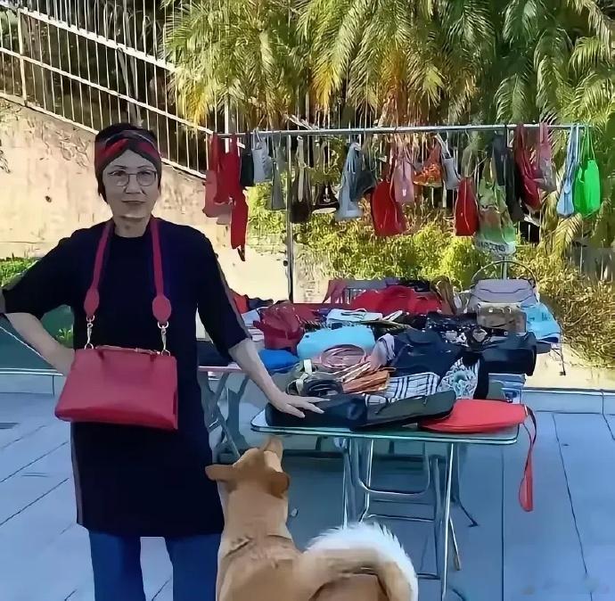 成功把奢侈品降格到地摊货，这是汪明荃的包包和鞋子，听说这是为了用阳光消毒 ​​​