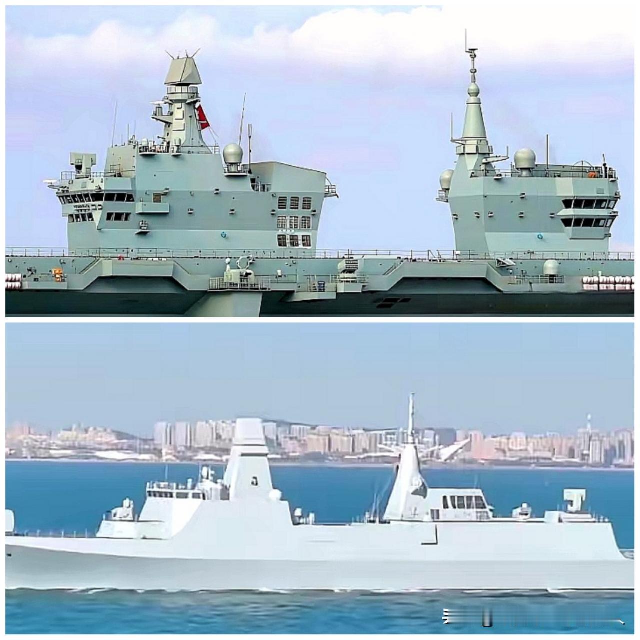 先有054B型，后有076型
两者主副桅杆相似度近70%吧！放一起比较还是有差异