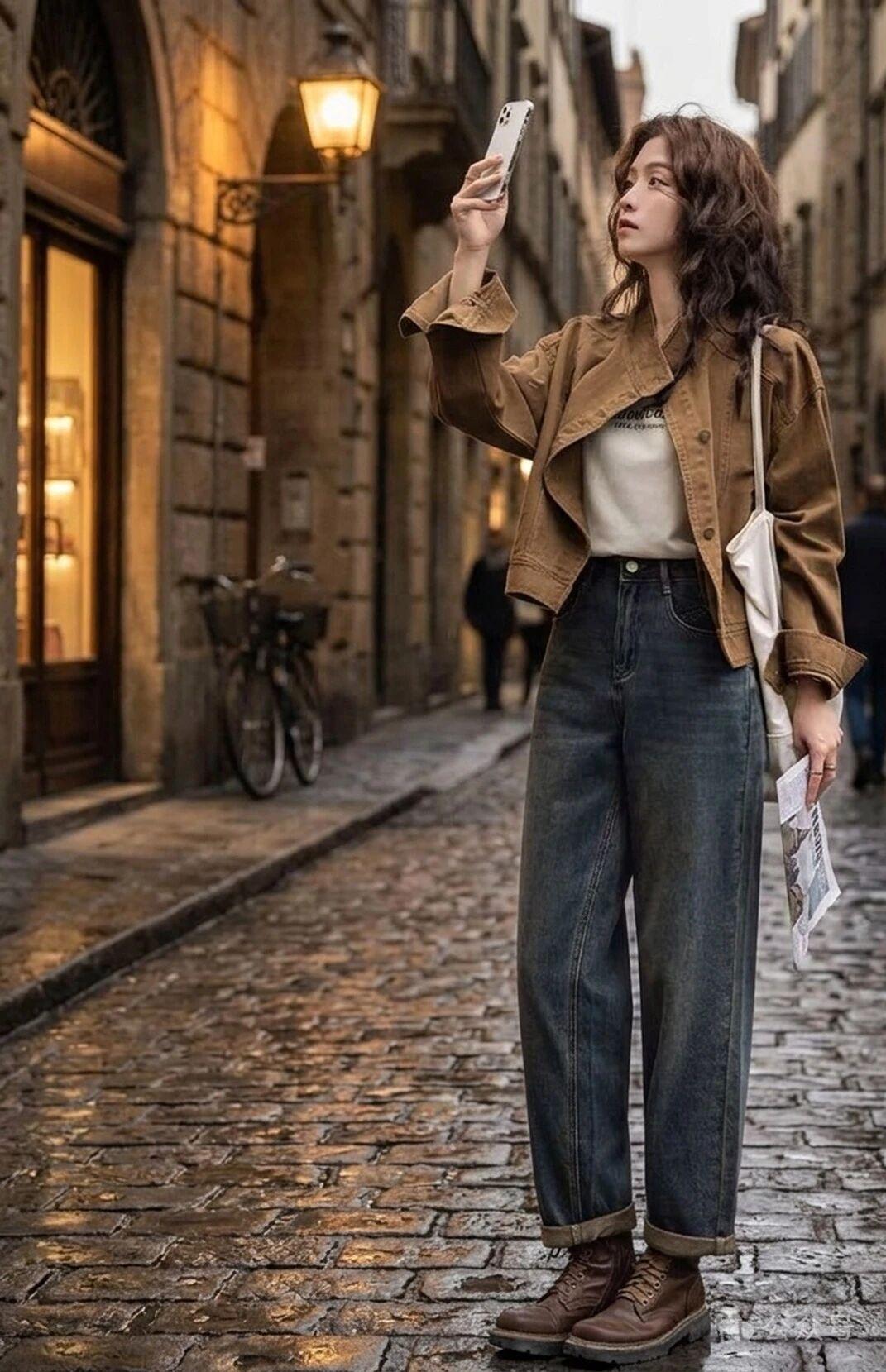 牛仔裤穿搭复古街拍 在石板路上，她用镜头记录下每一个瞬间，复古风穿搭，尽显优雅与