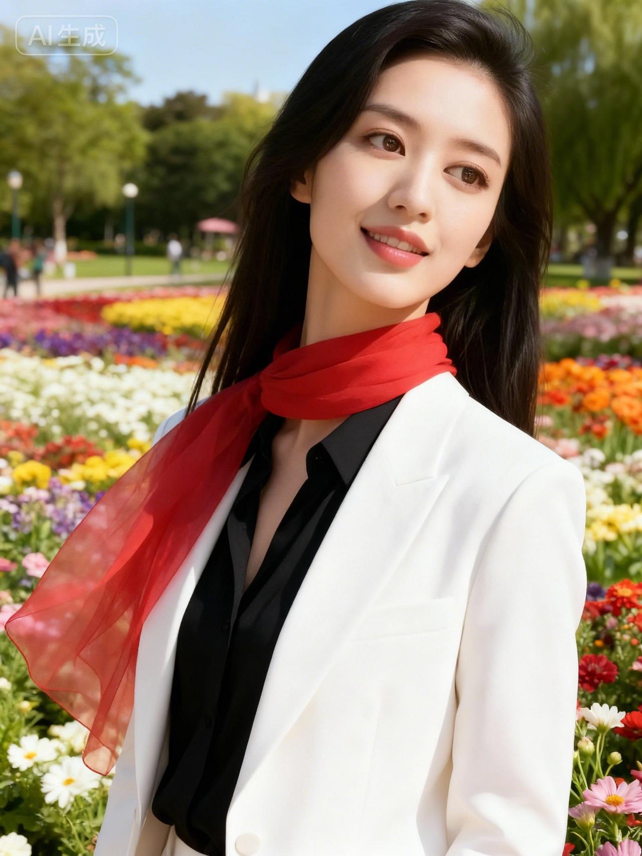 优雅白西装搭配红色丝巾，花海中的时尚女神🌸✨