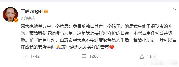 王鸥 我目前独自养育一个孩子 王鸥发文官宣独自养育孩子✨，称孩子是生命里珍贵的礼