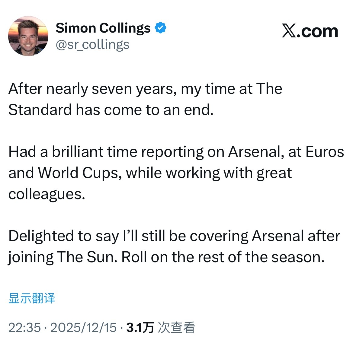Simon Collings也离开晚旗报加盟太阳报了。这几年关注足球媒体，最大的