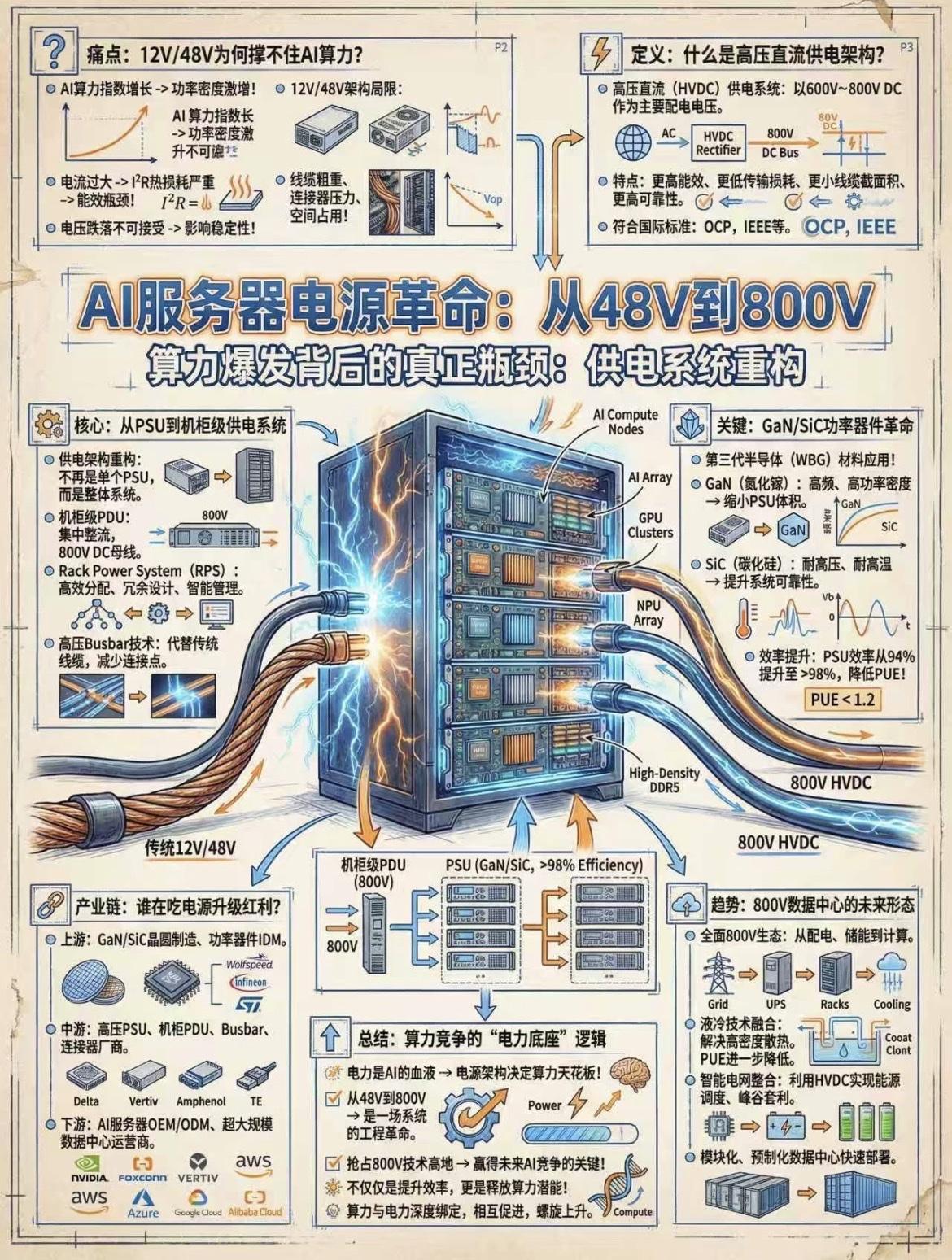 AI服务器正在经历一次电力革命
痛点：48V供电为何"先崩为敬"?
在单机柜功率