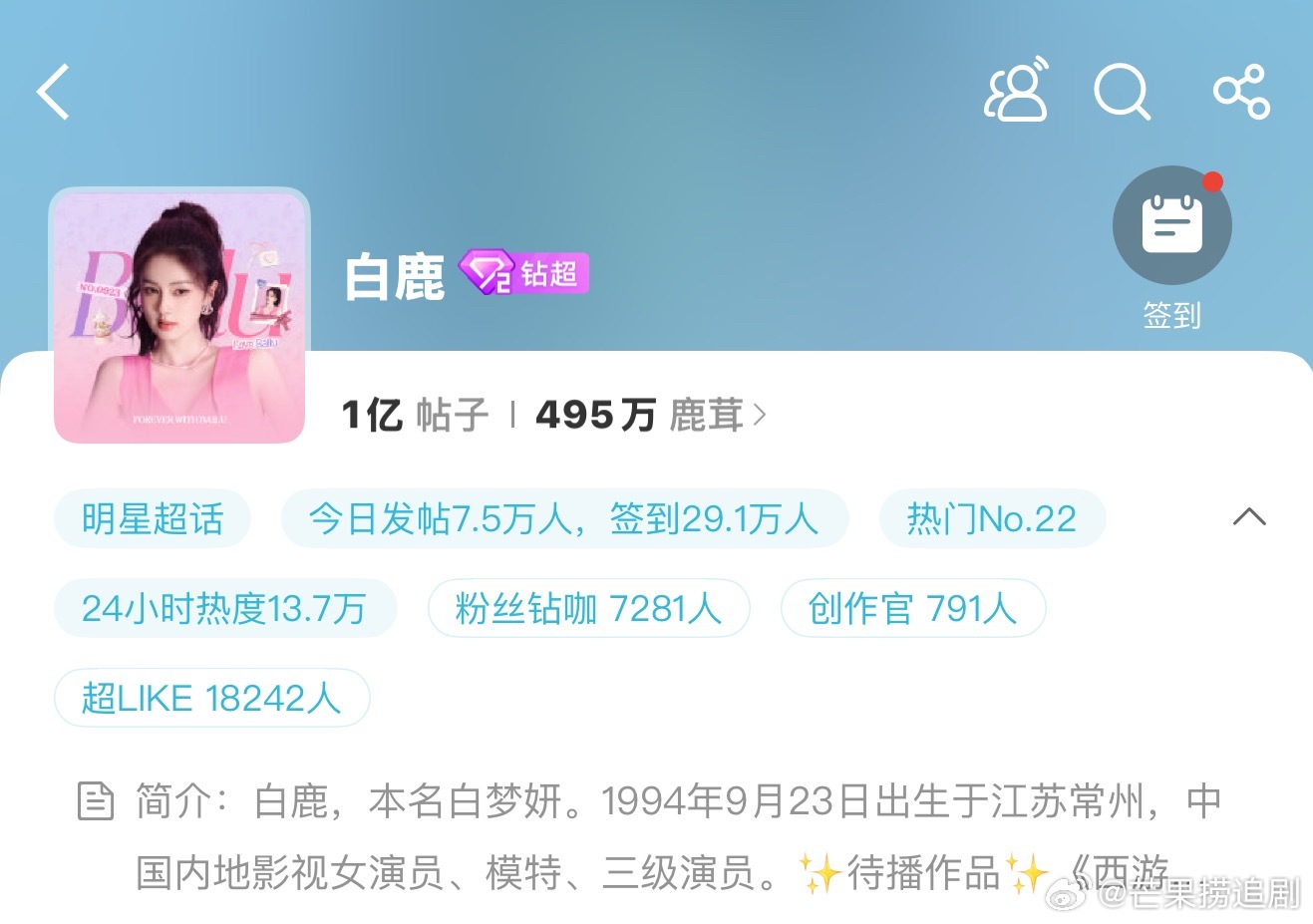白鹿今天微博超话今天发帖人数快8万了，签到也接近30万了，真的露面就吸粉，播剧就