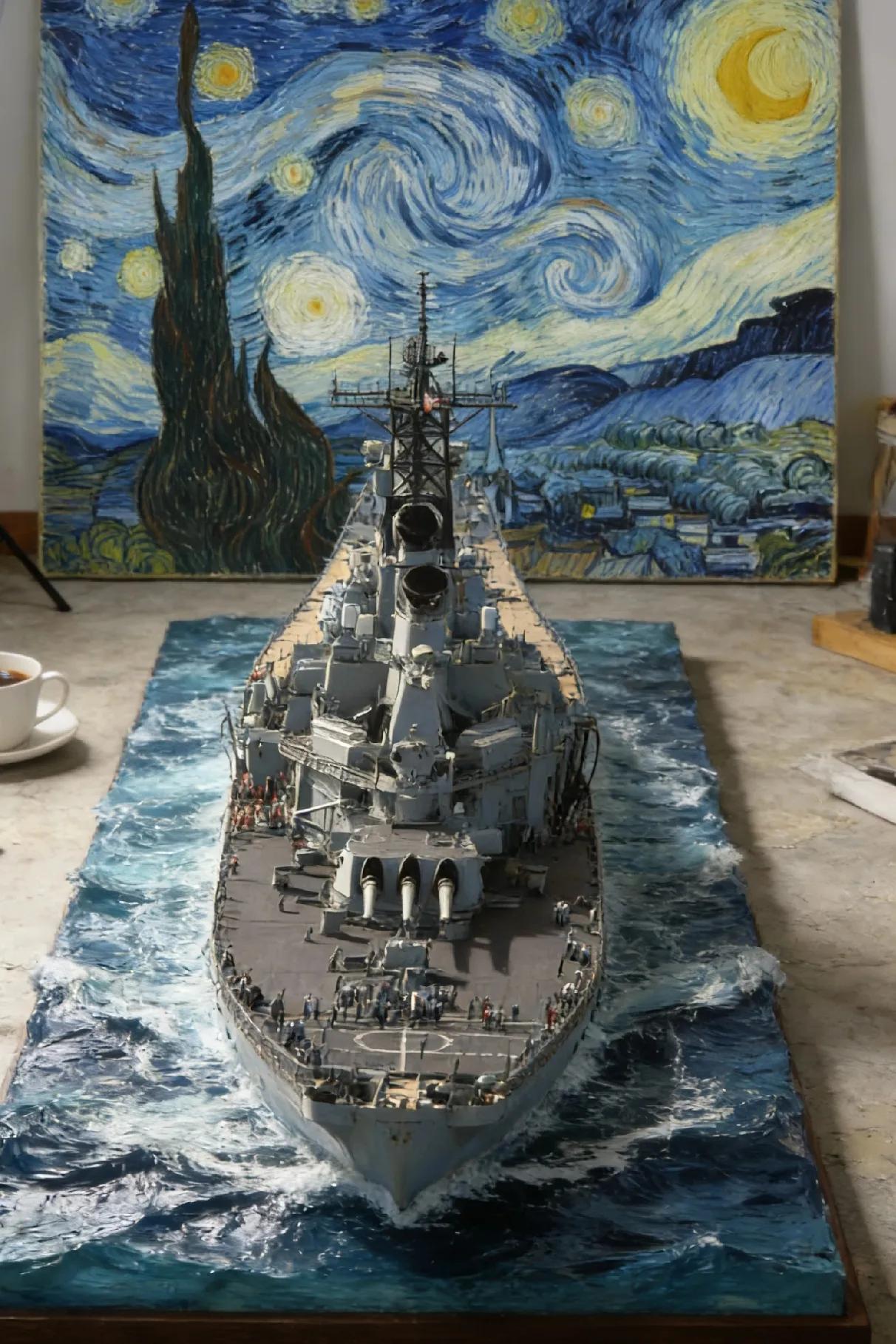 军舰模型工作室里的衣阿华级战列舰场景模型，魅力十足。衣阿华号于1943年2月22