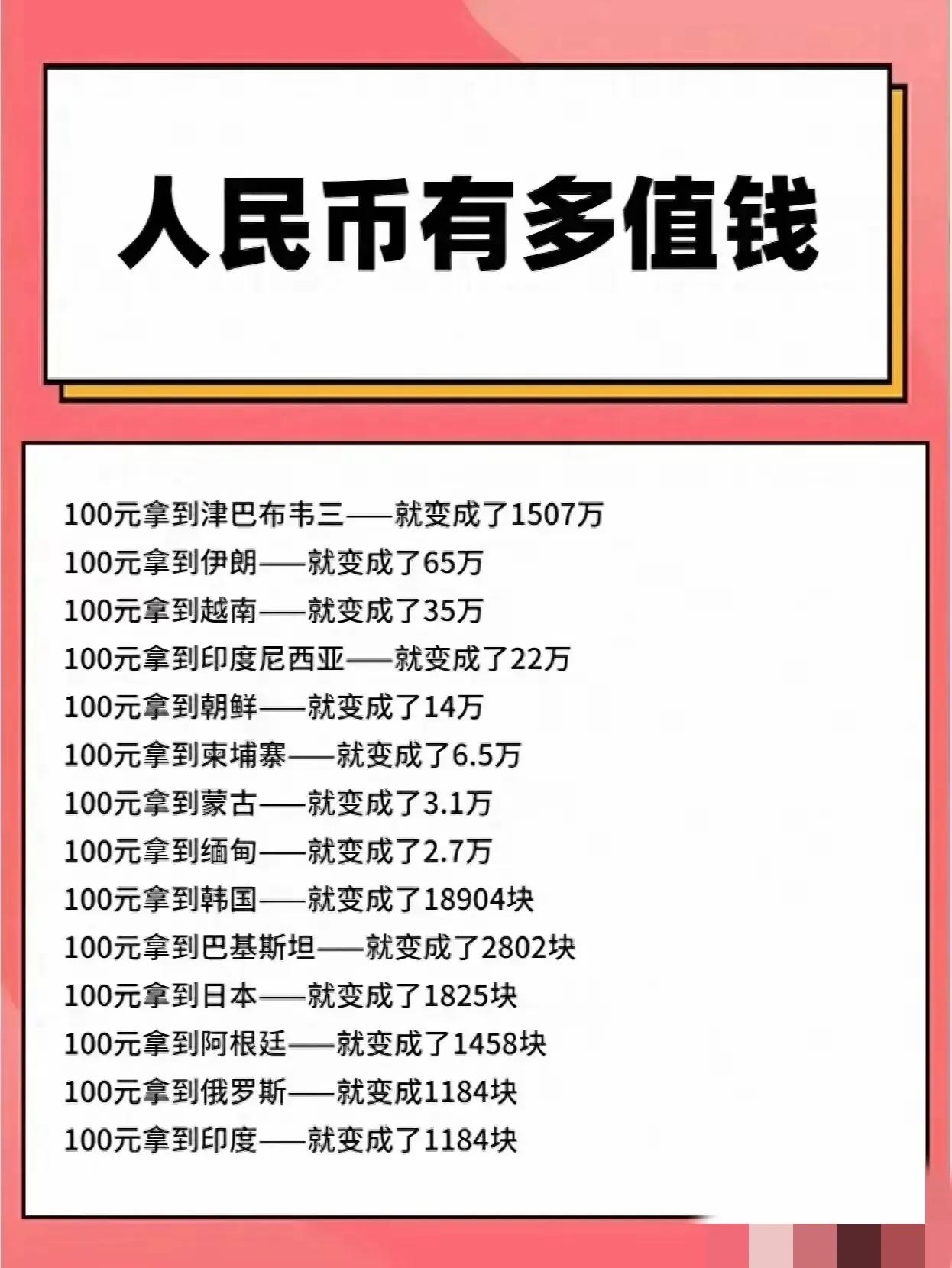 人民币确实很值钱，100元拿到日本就变成1825元，拿到朝鲜则到了惊人的14万，