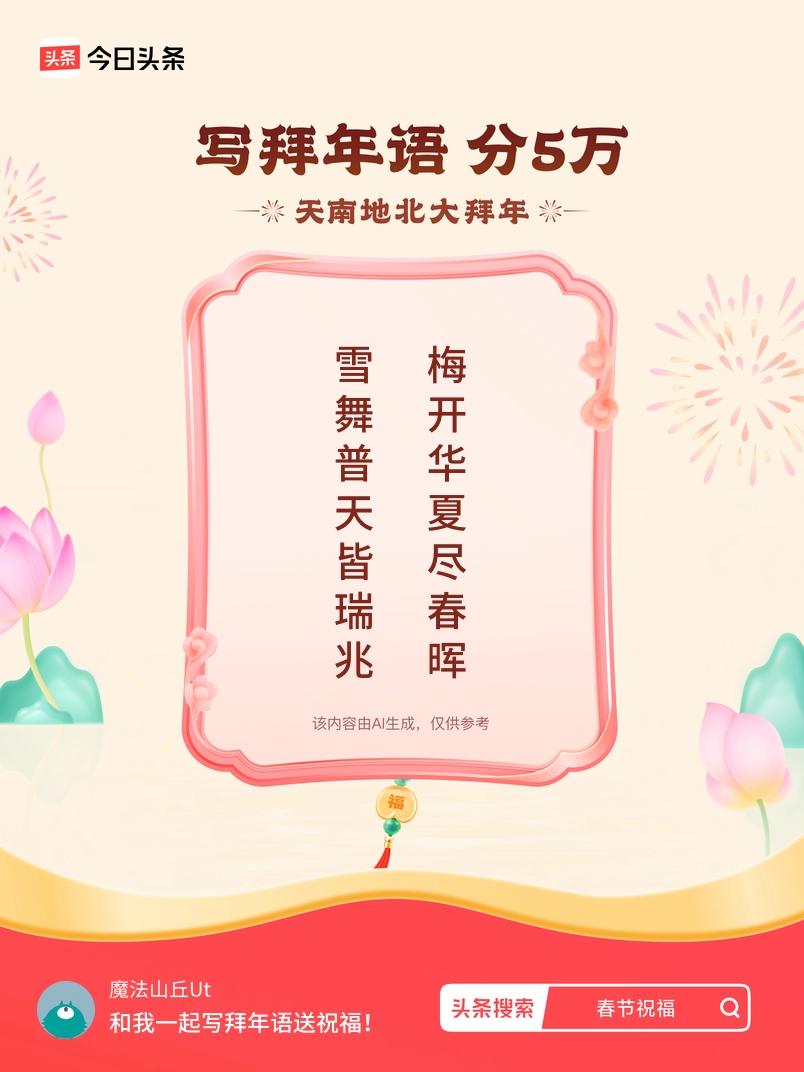 写拜年语送祝福新春拜年送祝福！我的祝福是：“雪舞普天皆瑞兆，梅开华夏尽春晖”！快