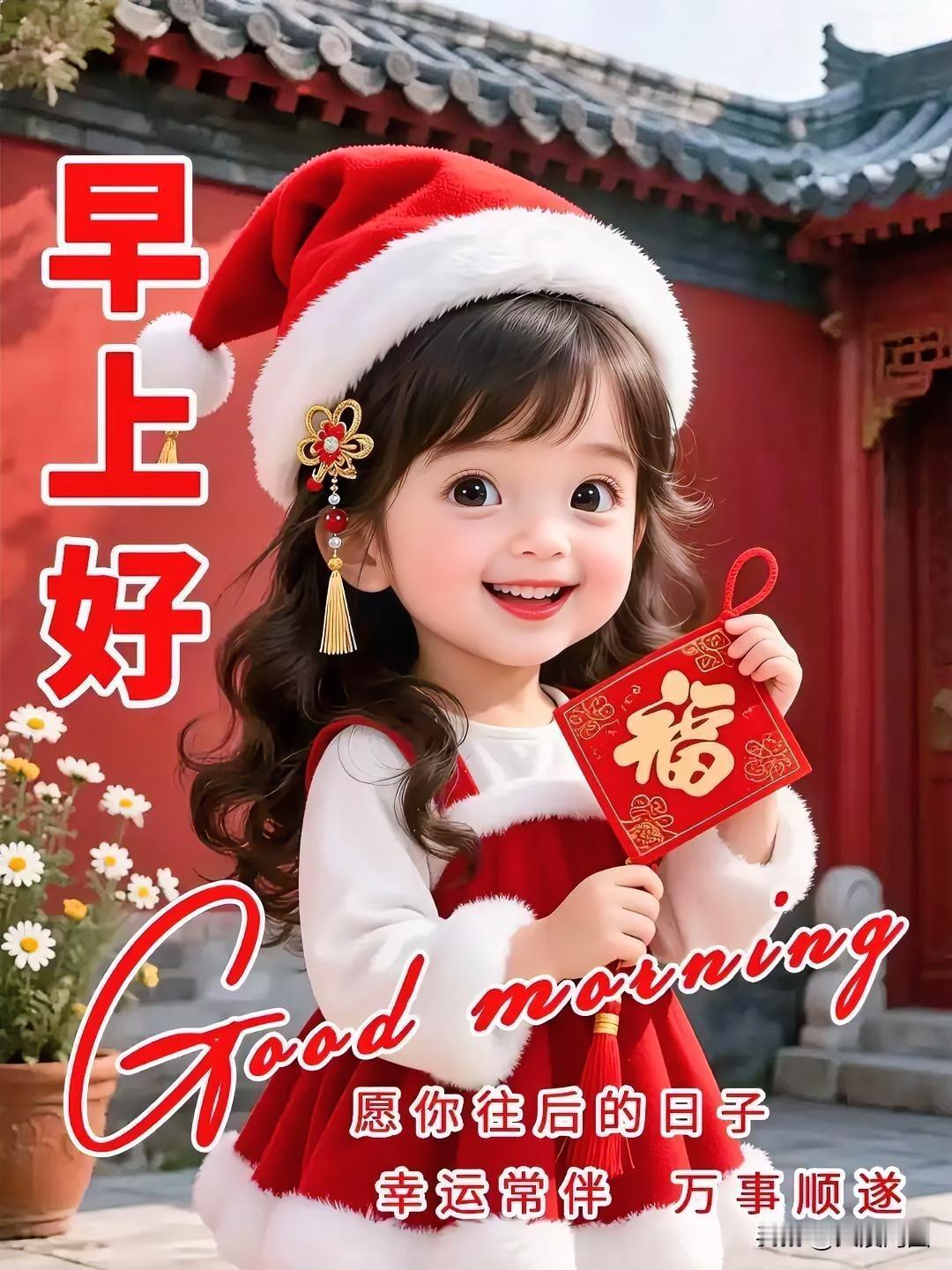 小女孩穿圣诞装，拿着福字，笑得很甜。