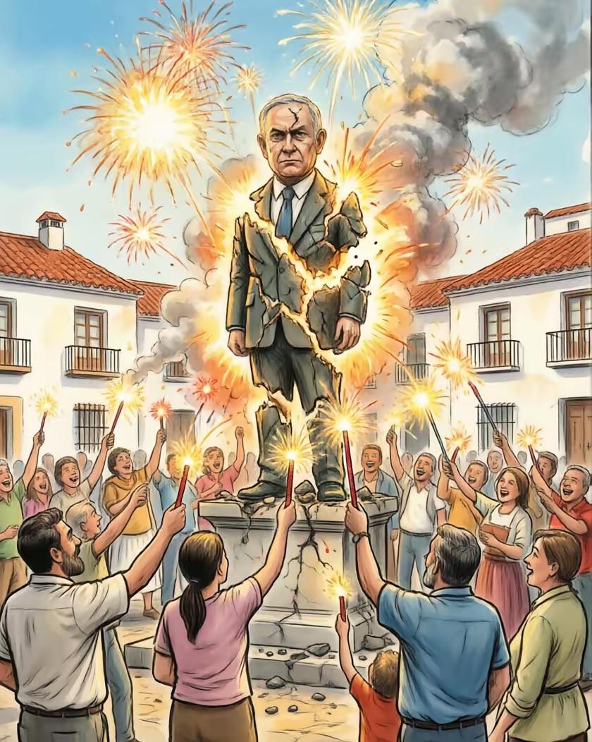 内塔尼亚胡塑像被炸毁！
    好样的，就在西班牙埃尔布尔戈镇，当地民众炸毁矗立