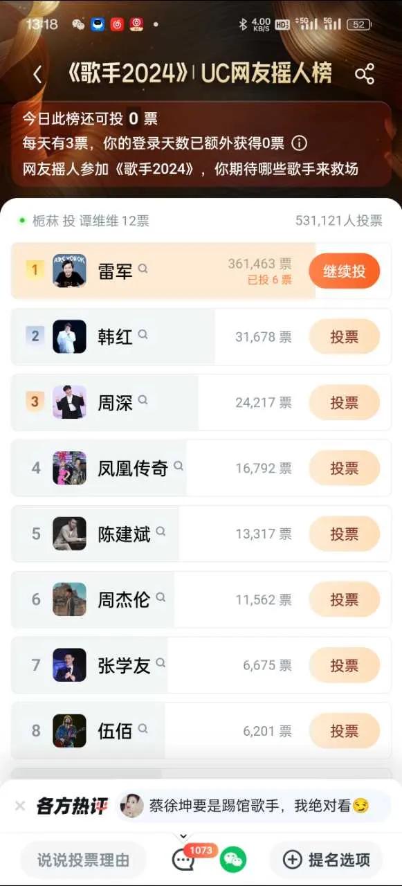 雷军：我是歌手

歌手2024，UC网友摇人榜：

雷军 获投票361463
韩