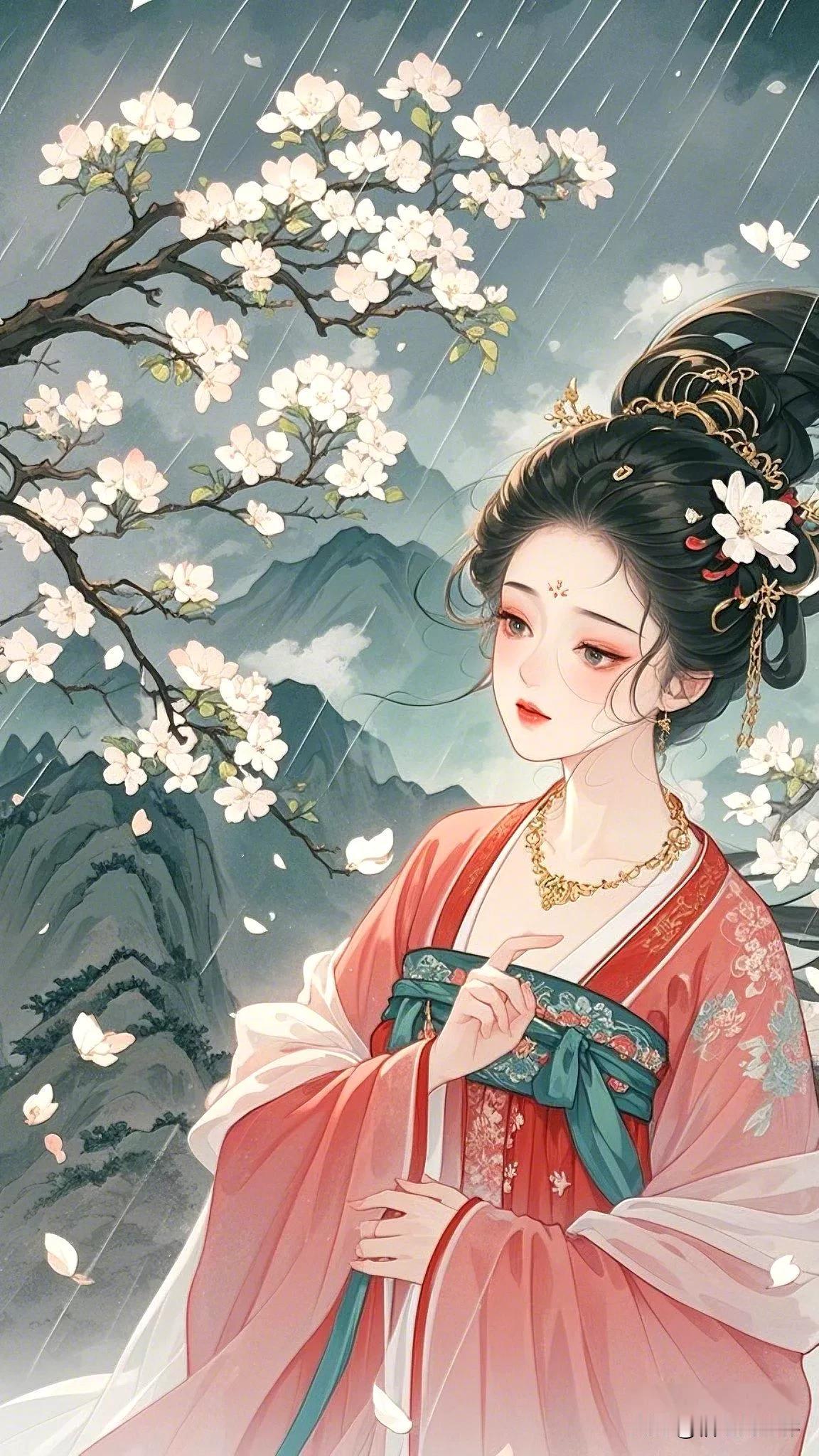 《帝妃恸》
梨枝带雨影玲珑，
恰似杨妃泪几重。
风抚残香离魂断，
_____尾句