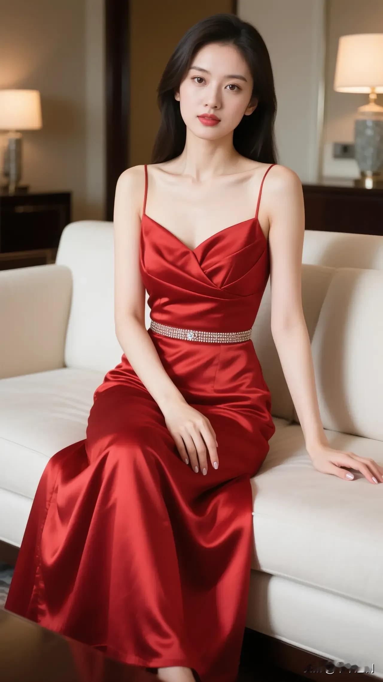 什么样的穿搭可以成为气质女神?
正红缎面吊带礼裙衬着轻奢客房，钻饰腰封揉出明艳又