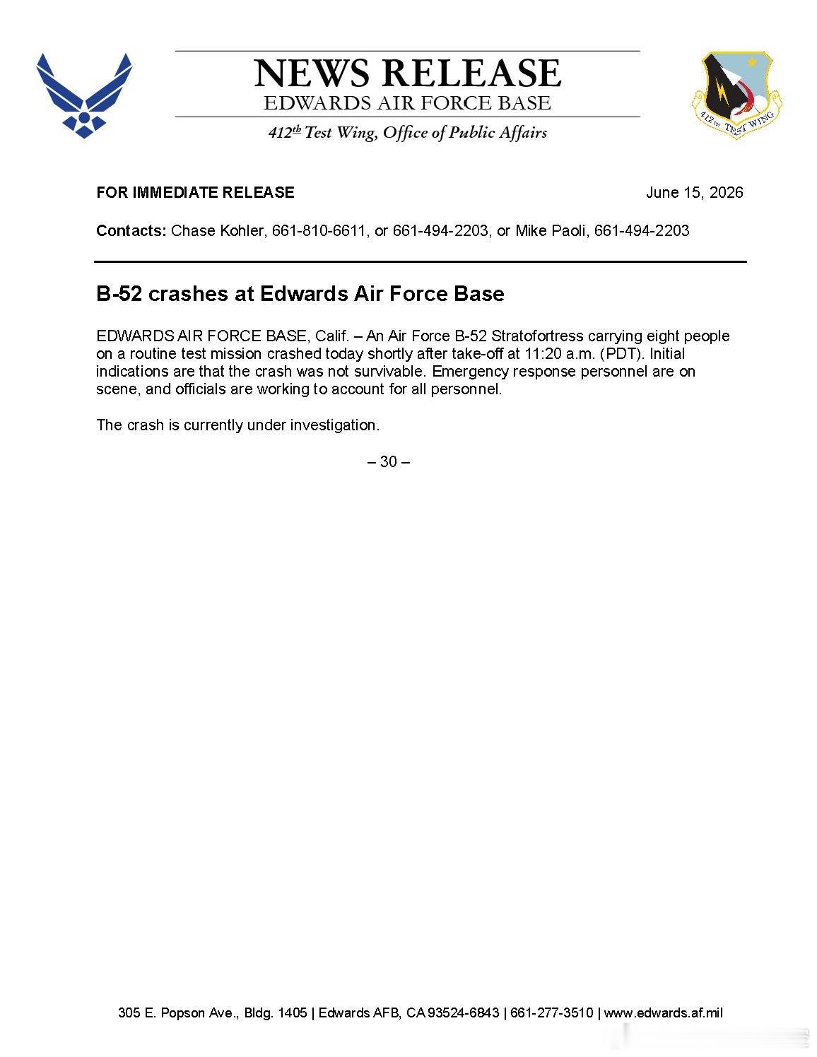 美国一架B52轰炸机坠毁美国空军已证实，一架B-52轰炸机在基地内进行试飞时坠毁