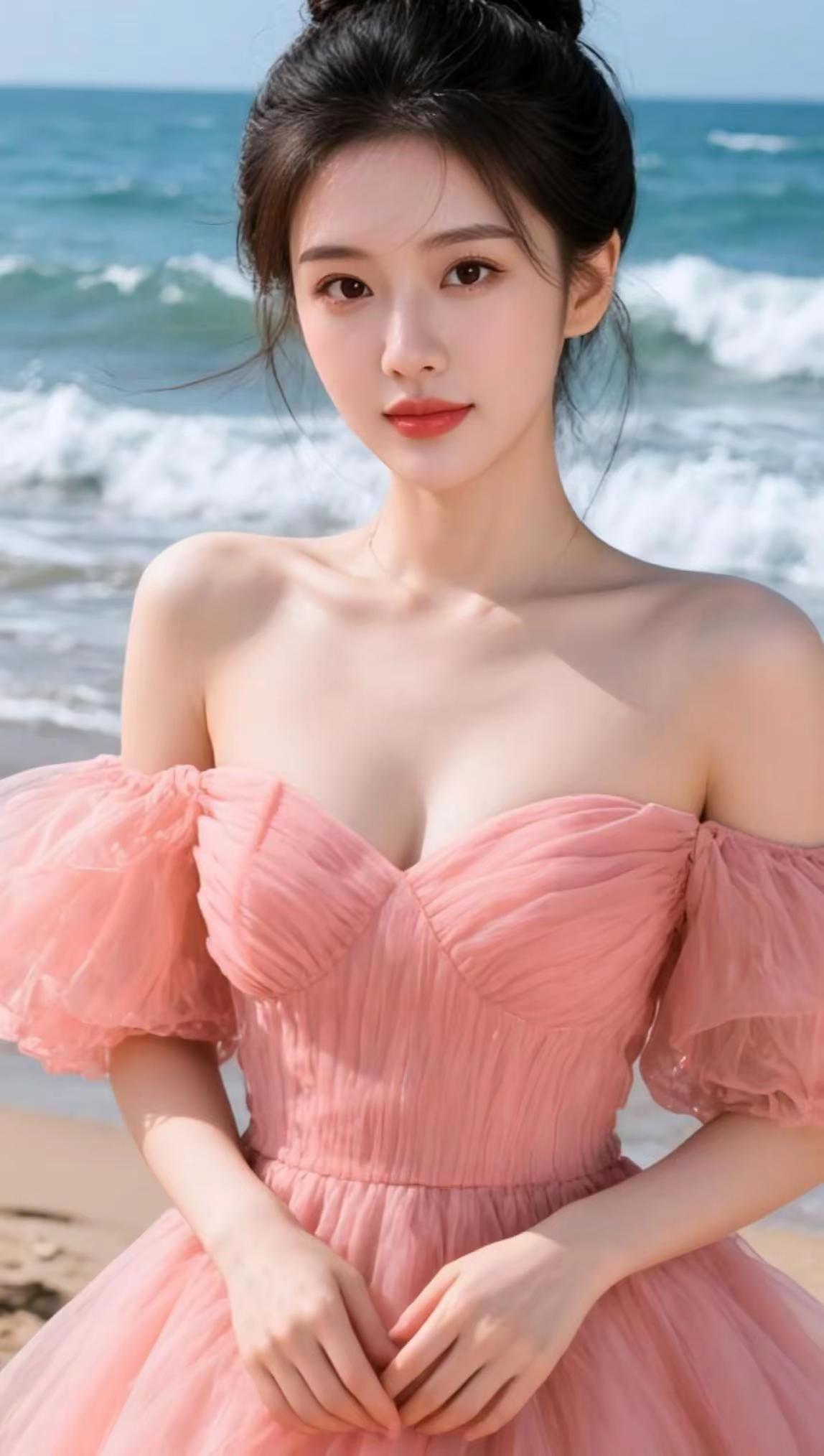 AI海滨粉裙照 ai创作 今日分享 ࿆甜࿆美࿆女࿆孩࿆